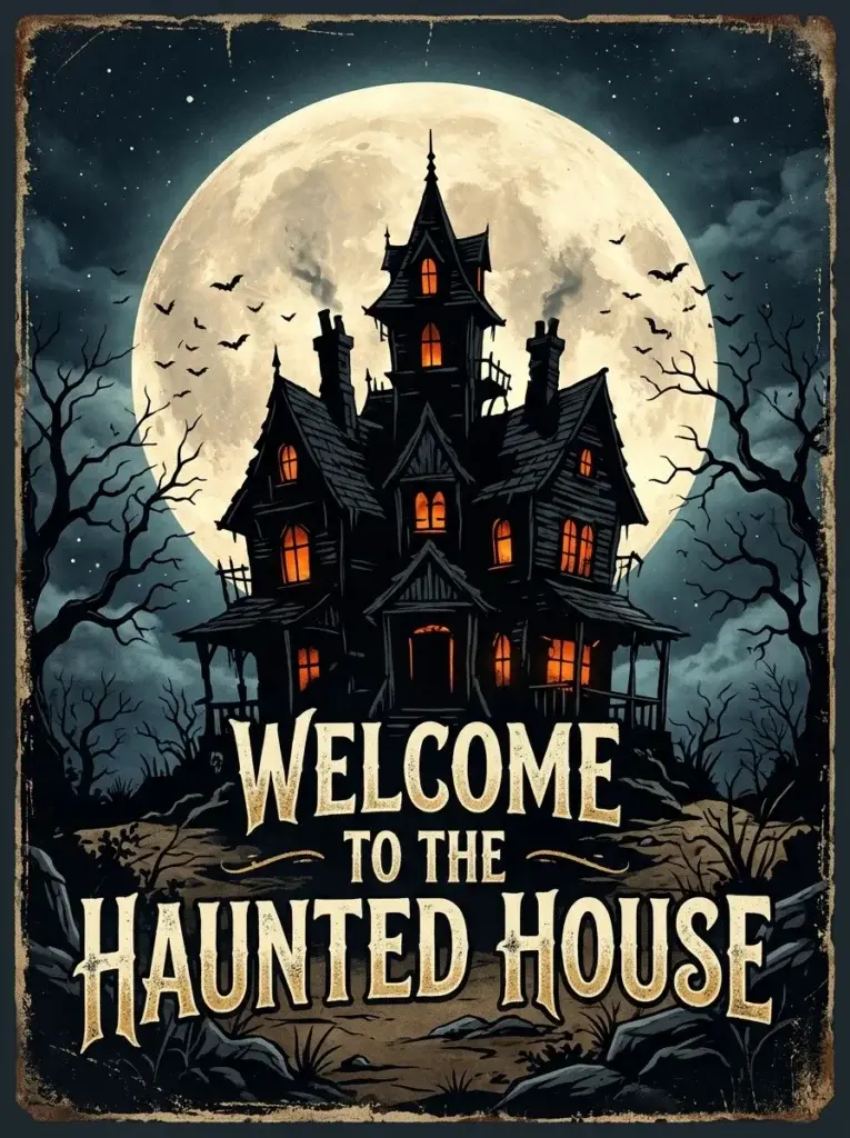 Moonlit Haunted House Welcome Sign