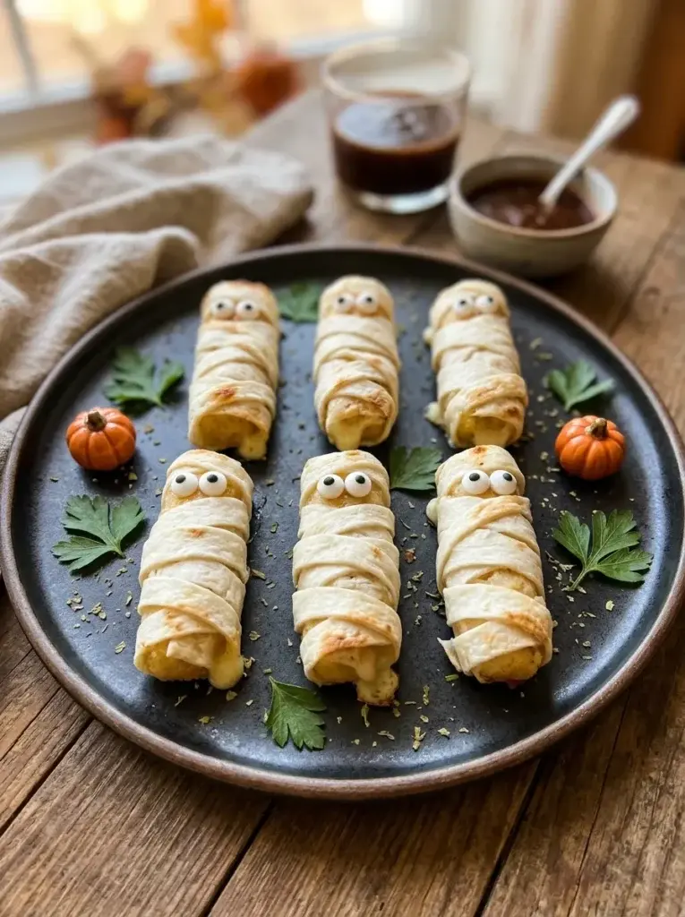 Mummy-wrapped mozzarella cheese sticks with white tortilla bandages and tiny edible eyes arranged on a Halloween platter.