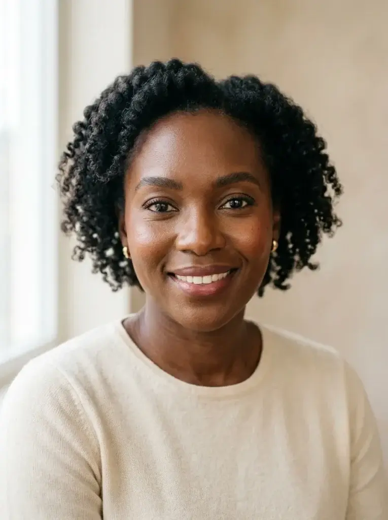 Natural makeup with glowing deep-brown skin, groomed brows, cream blush, and a sheer berry-nude lip tint.