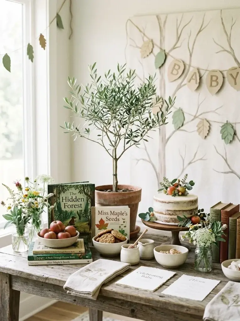 : Nature-inspired storybook baby shower with a leafy tree centerpiece, children's books, apples, and neutral linens.