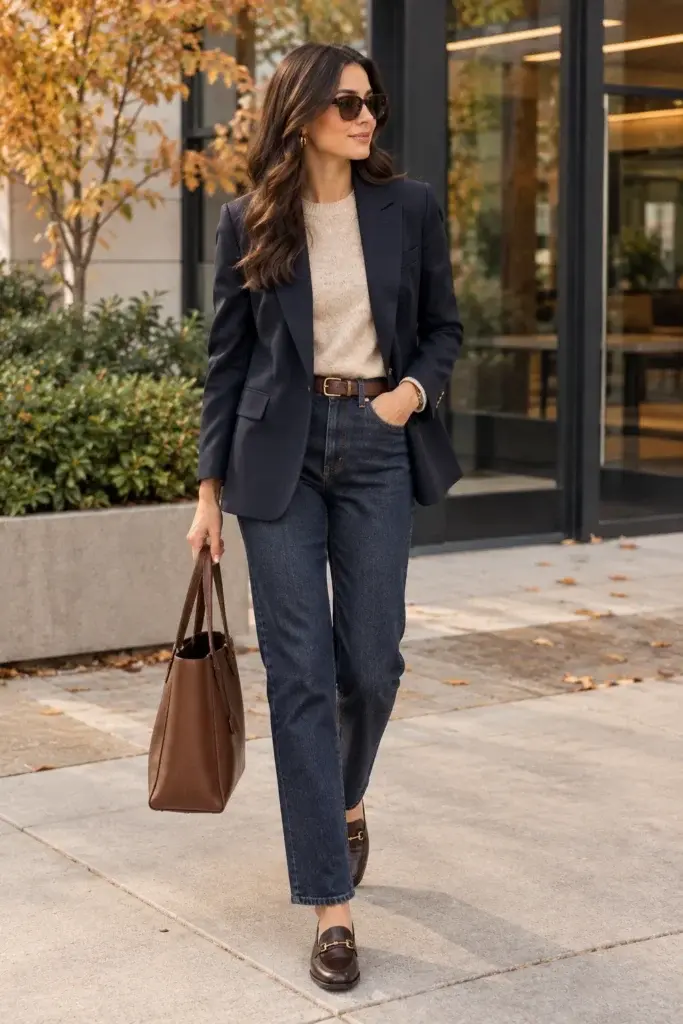 A woman walking on a sidewalk wearing a navy blazer, cream sweater, dark blue jeans, brown loafers, and carrying a brown leather tote bag.