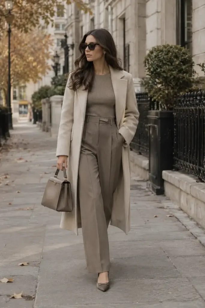 A woman walking on a city sidewalk wearing a long beige coat, ribbed top, and wide-leg trousers, carrying a structured handbag.
