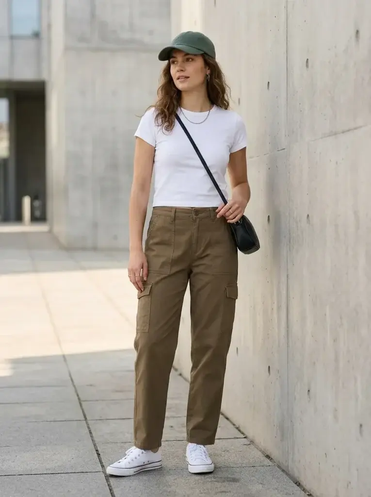 Olive-brown cargo pants styled with a fitted white baby tee, white sneakers, and a black shoulder bag.