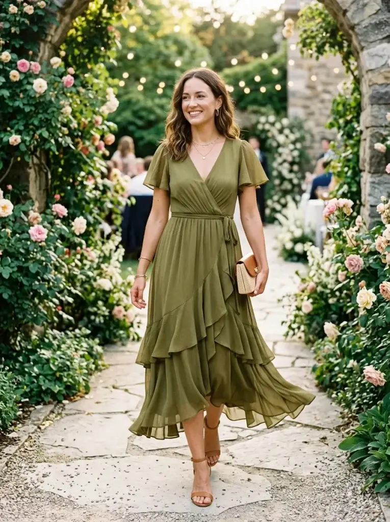 Olive-green ruffle midi dress with flutter sleeves and tan sandals in a leafy spring garden.