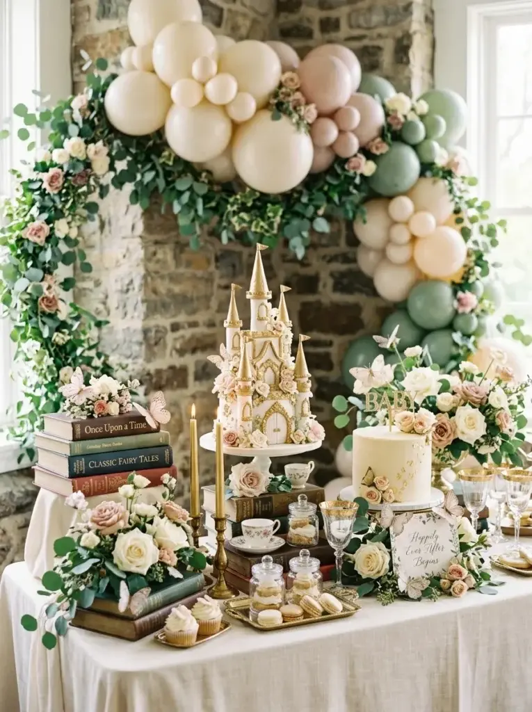 Once upon a time storybook baby shower featuring vintage books, pastel florals, and elegant fairytale decorations.