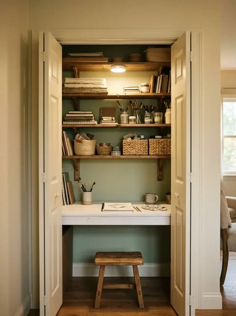 Open bedroom closet fitted with a small desk, shelves of art supplies and a glowing light