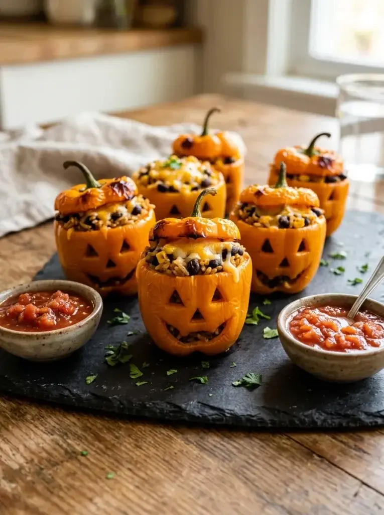 Orange mini peppers carved like jack-o'-lanterns and filled with seasoned rice, black beans, corn, and melted cheese.