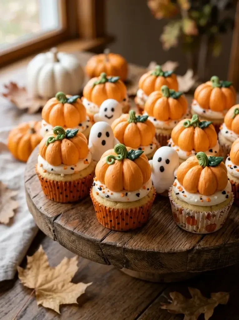 Orange pumpkin cupcakes featuring green frosting stems and small white ghosts peeking between the pumpkin decorations.