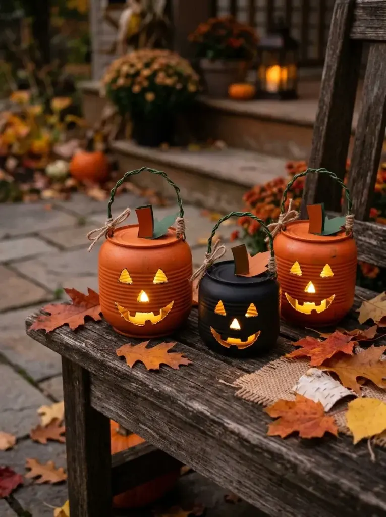 Orange recycled tin-can pumpkin lanterns with punched faces and glowing LED lights.