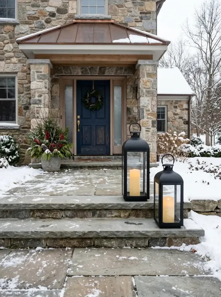 Oversized black lanterns with warm LED candles decorating stone front porch steps in winter.