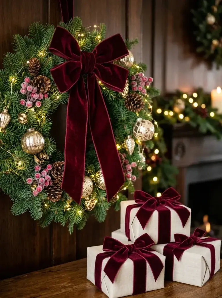 Oversized burgundy velvet bows decorating evergreen Christmas branches and cream holiday gift boxes.