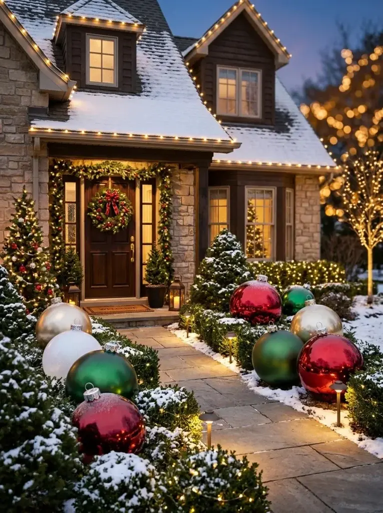 Oversized red, green, gold, and white Christmas ornaments displayed among evergreen shrubs in a festive front yard.