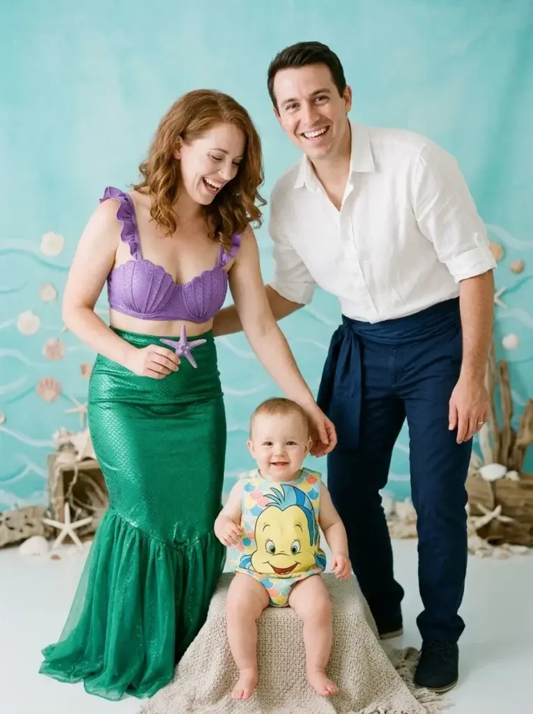 Parents dressed as Ariel and Prince Eric with their baby in a yellow-and-blue Flounder-inspired Halloween costume.