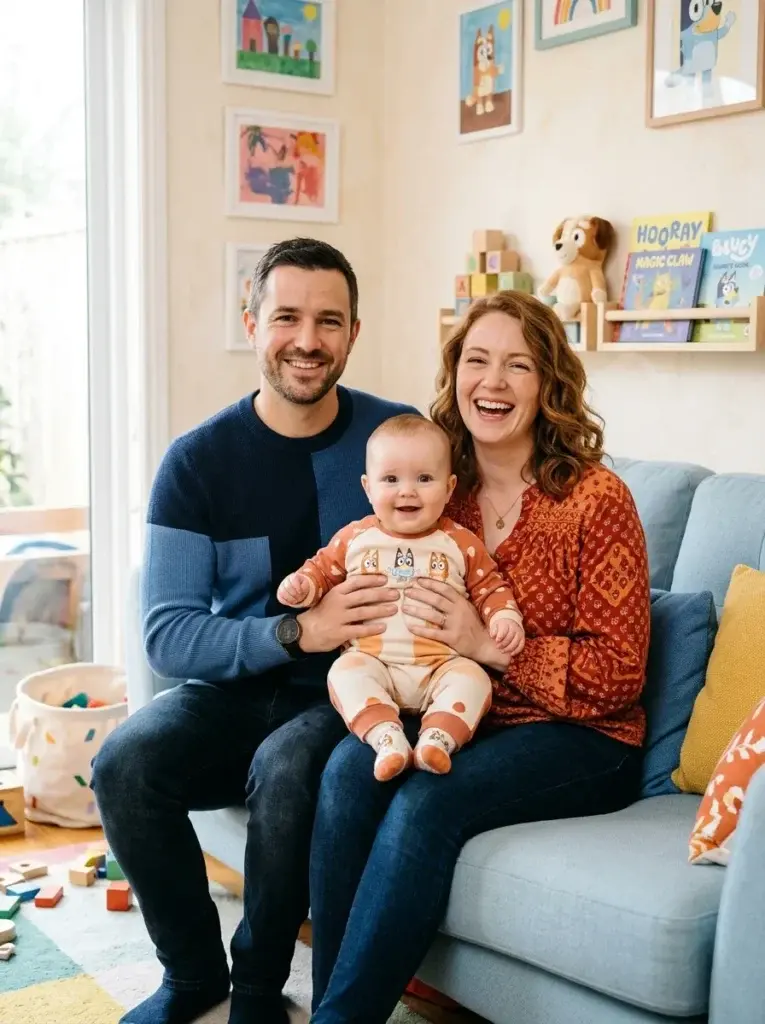 Parents in Bluey-inspired blue and orange outfits with their baby dressed as Bingo for Halloween.