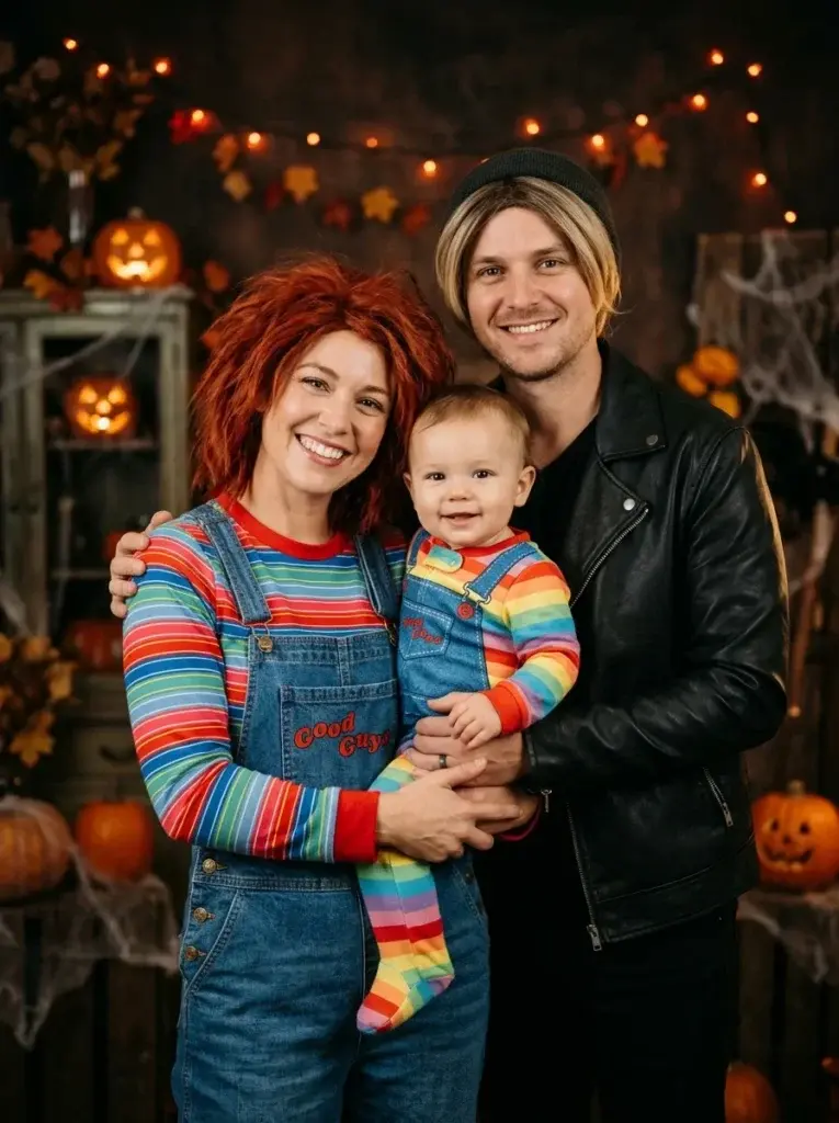Parents in colorful striped doll-inspired costumes with their baby wearing a soft rainbow-striped Halloween romper.