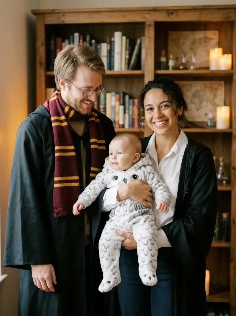 Parents in Hogwarts-inspired robes with their baby dressed as a soft white owl for Halloween.