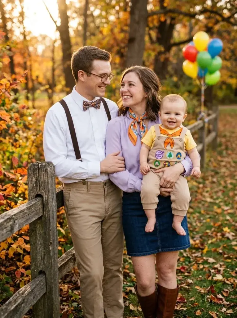 Parents in vintage adventure-inspired outfits with their baby wearing a Russell-inspired scout costume.
