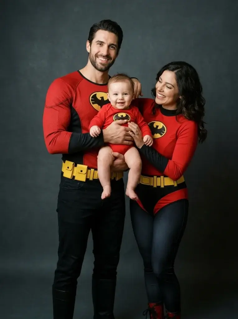 Parents wearing red superhero-inspired costumes with their baby in a matching red emblem onesie.