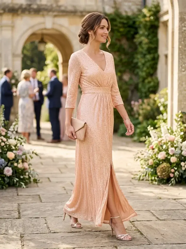 Peach sequin maxi wedding guest dress with three-quarter sleeves and champagne heels at an elegant spring venue.