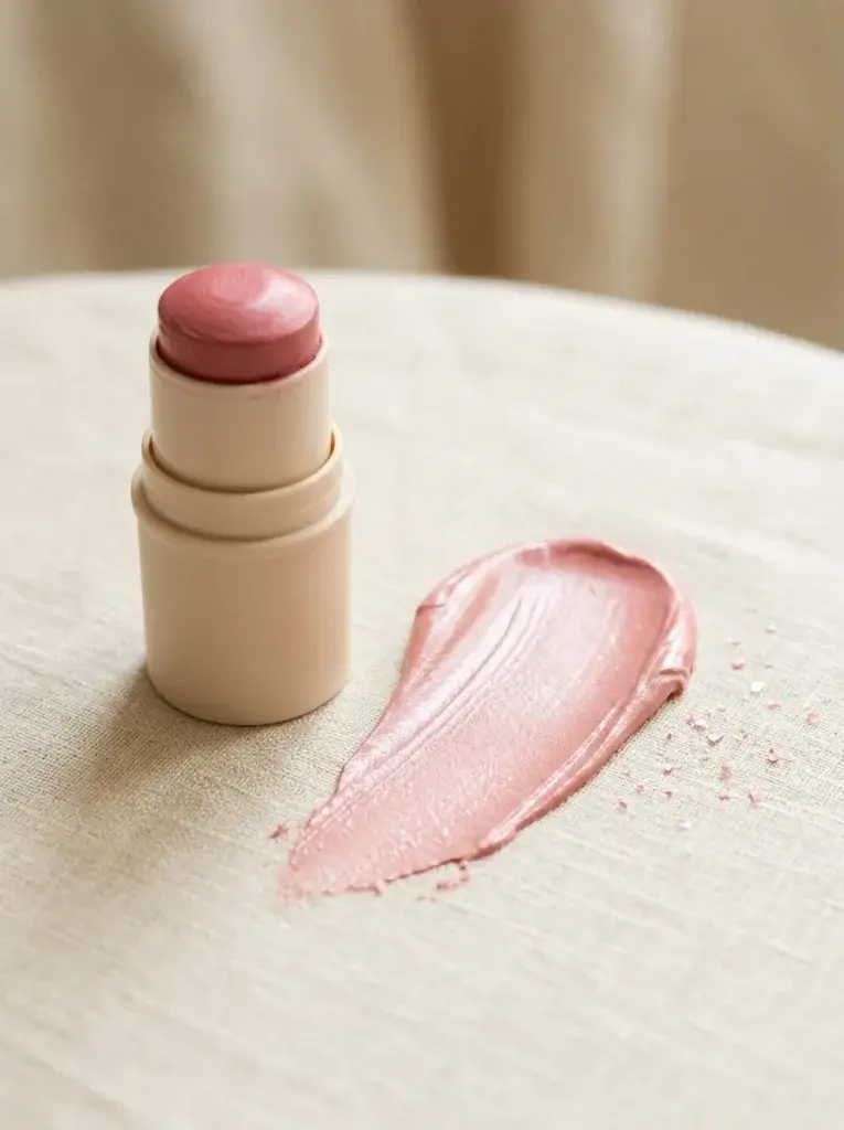 Pearly warm-pink cream blush with a luminous makeup swatch.