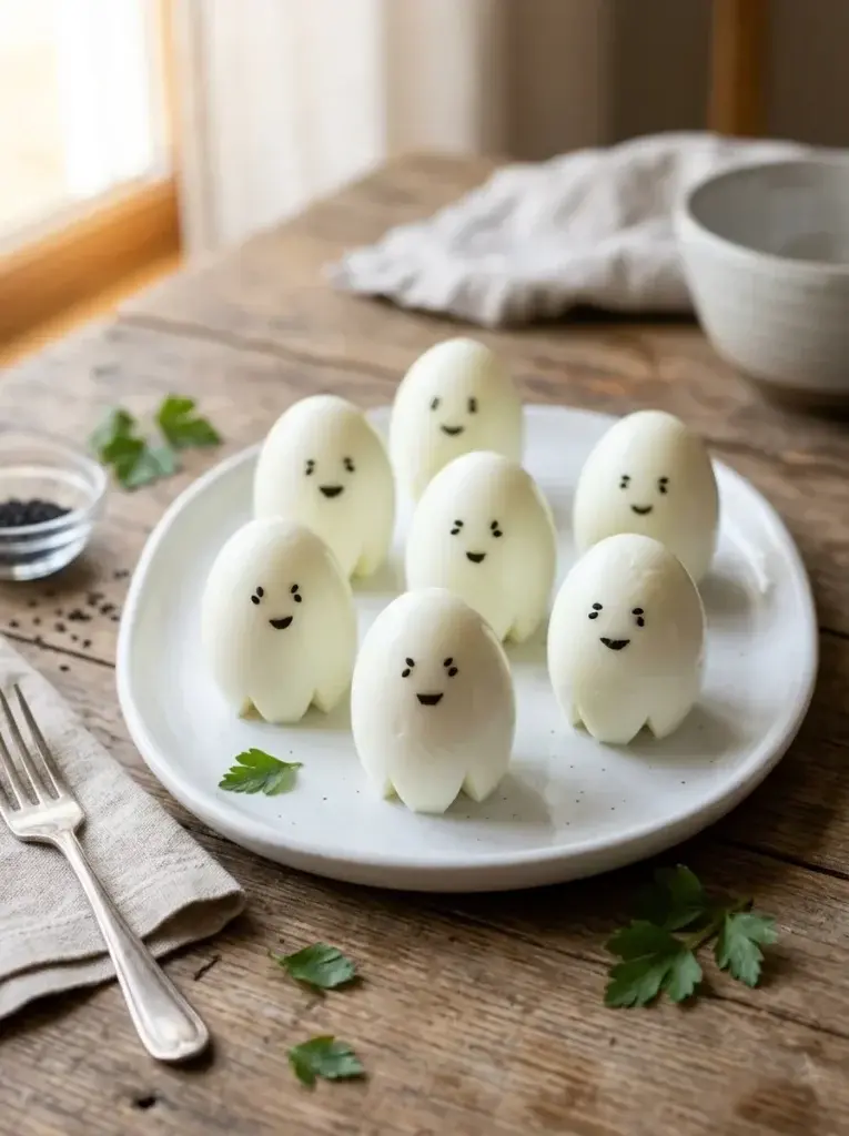 Peeled hard-boiled eggs decorated with simple edible facial details to resemble little Halloween ghosts.