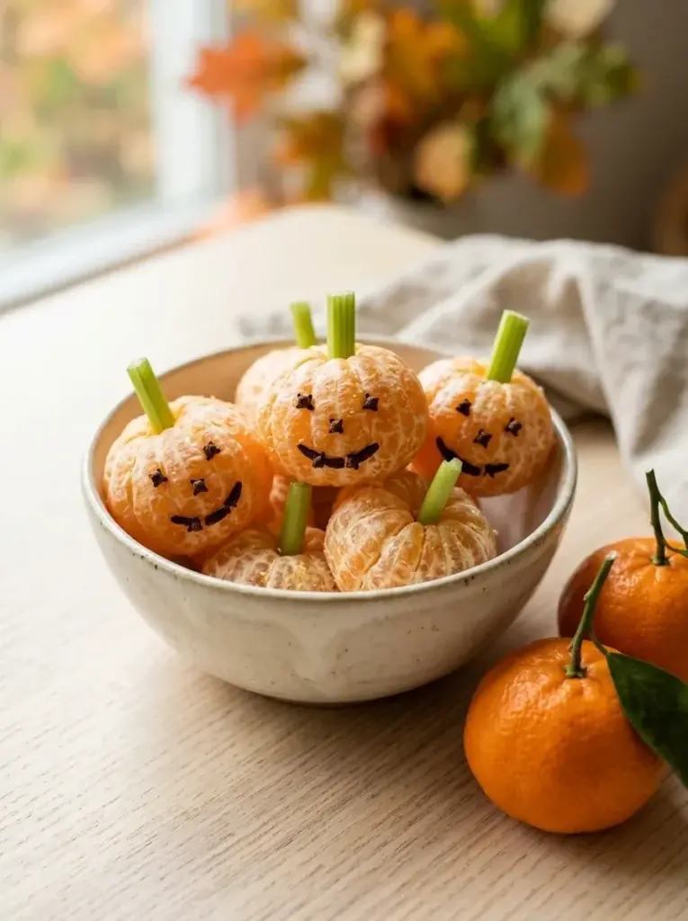Peeled mandarin oranges decorated with small green celery stems to resemble miniature Halloween pumpkins.