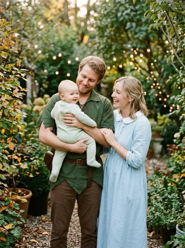 Peter Pan and Wendy-inspired parents posing with their baby in a pale-green Tinker Bell-inspired outfit.