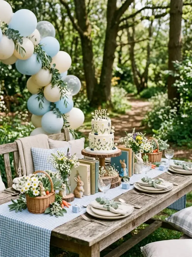 Peter Rabbit-inspired woodland baby shower with wicker baskets, blue gingham, rabbits, and garden greenery.