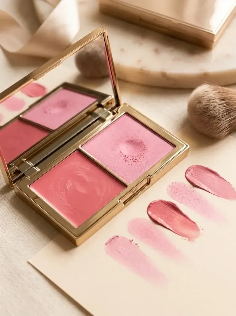 Pink cream and powder blush swatches beside an elegant open blush compact.