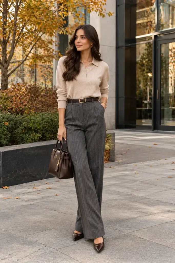 A woman wearing a beige knit polo shirt tucked into grey pinstripe trousers with a brown belt and matching leather bag, standing on a city sidewalk in autumn.
