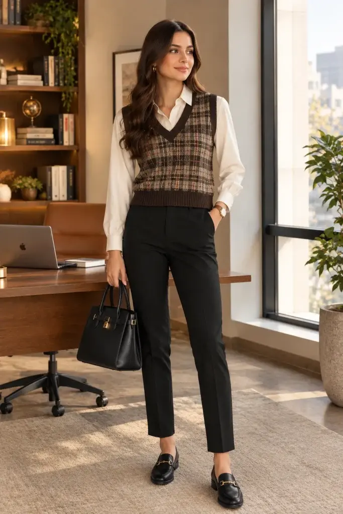 A woman in a home office wearing a white button-down shirt, plaid knit vest, black trousers, and loafers while holding a black handbag.