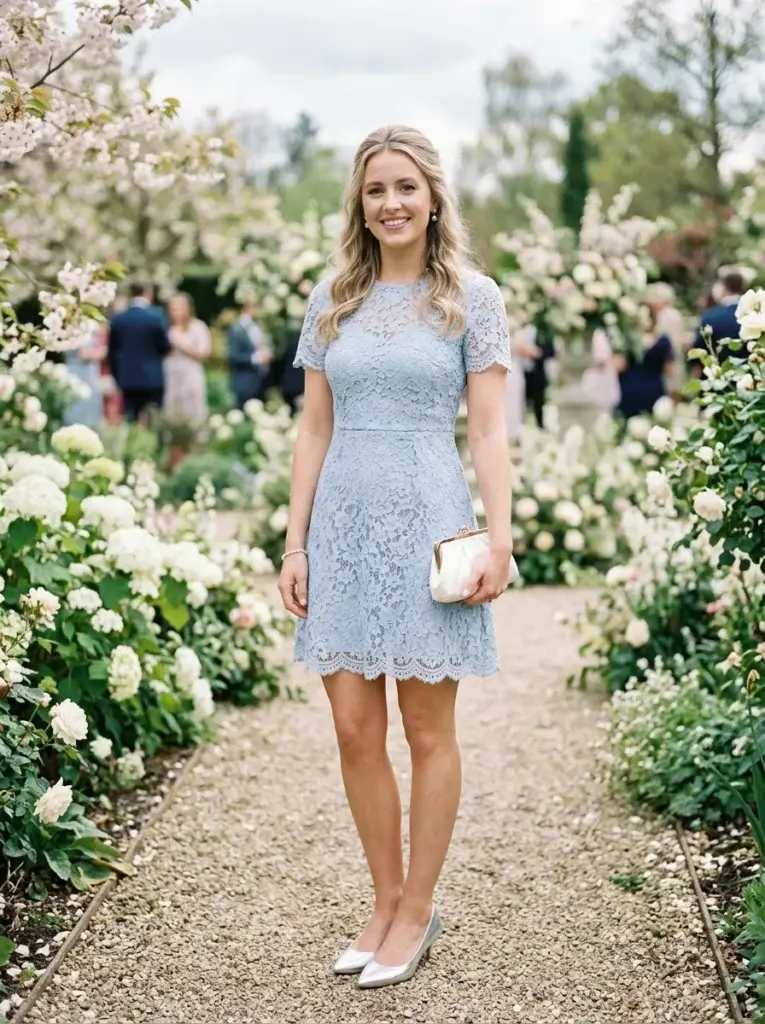 Powder-blue floral lace mini dress with scalloped sleeves and silver kitten heels in a spring garden.