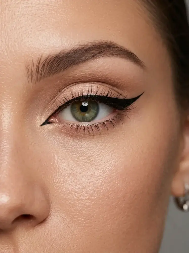 Precise black siren eyeliner with a thin inner line and a sleek, elongated wing extending slightly upward.