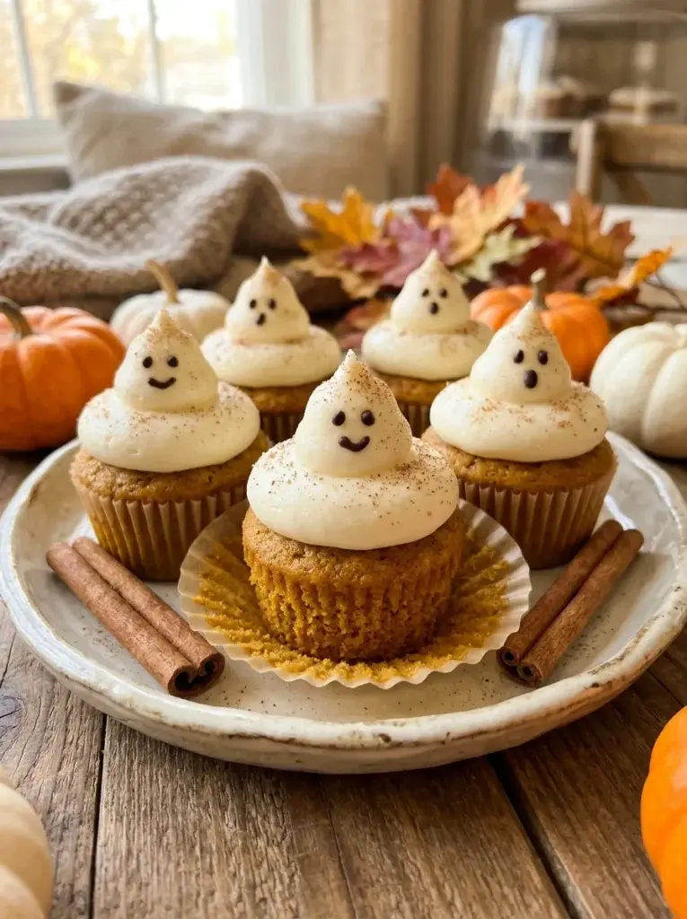 Pumpkin spice cupcakes decorated with white buttercream ghosts, tiny chocolate faces, and delicate cinnamon crumbs.