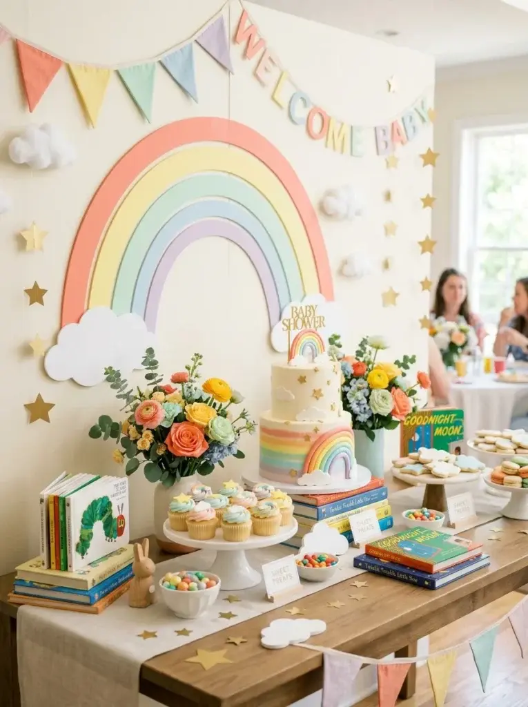 Rainbow nursery rhyme baby shower with pastel arches, cloud decorations, children's books, and colorful desserts.