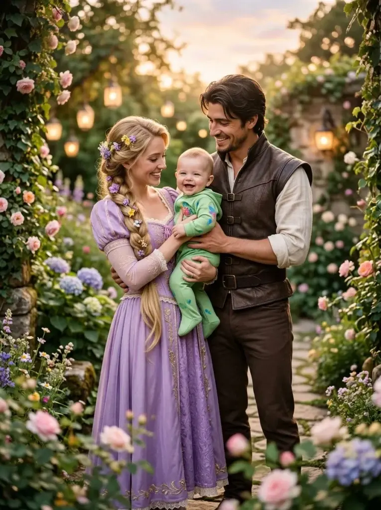 Rapunzel and Flynn Rider-inspired parents with their baby wearing a green Pascal-inspired chameleon sleeper.