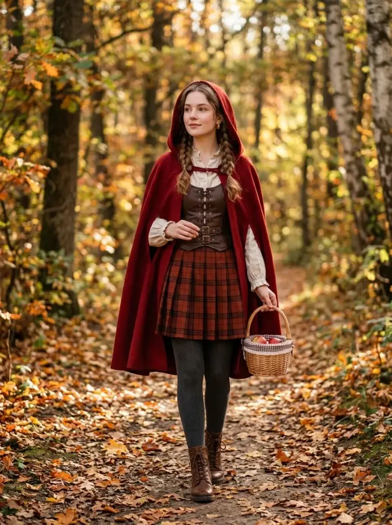 Red Riding Hood solo Halloween costume with a red cape, lace-up boots, and woven basket.