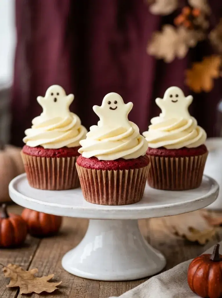 Red velvet cupcakes with creamy frosting and white chocolate ghost toppers featuring tiny dark chocolate faces.