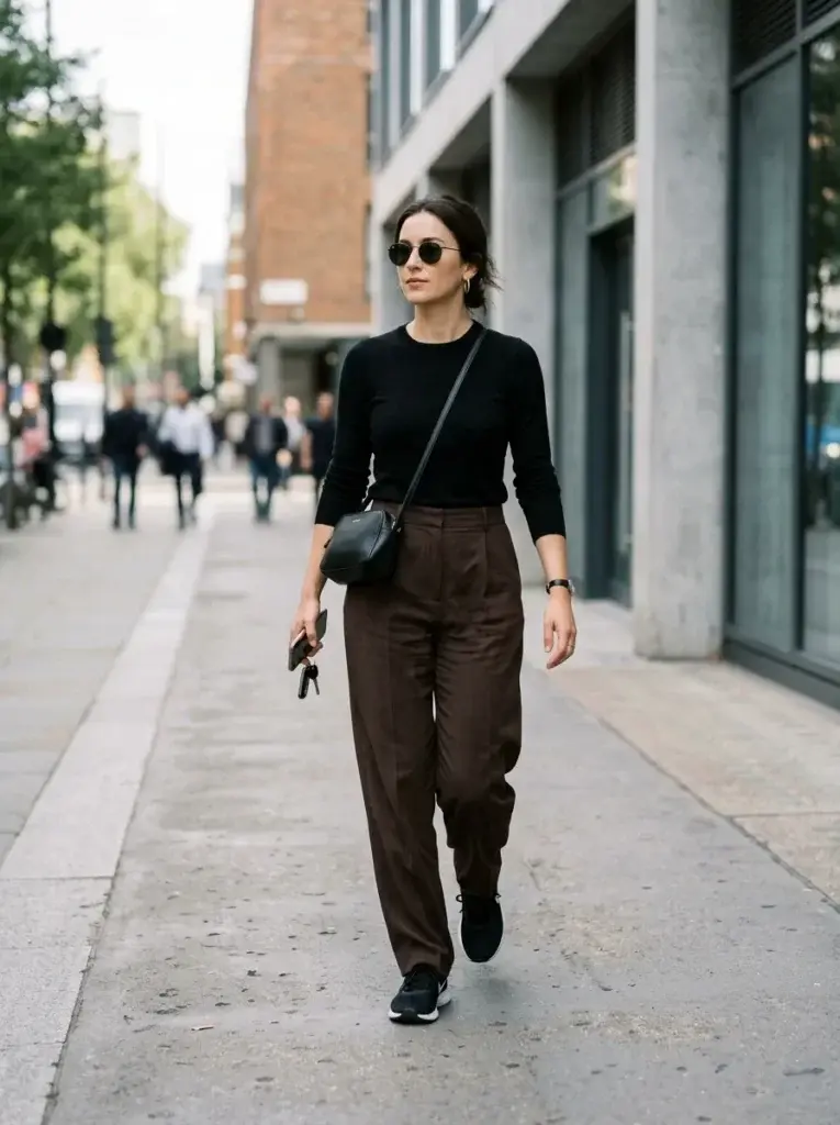 Relaxed dark-brown straight-leg pants with a fitted black top, black sneakers, and a compact crossbody bag.
