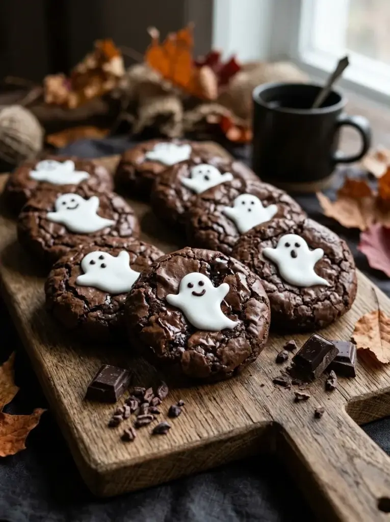 Rich brownie-crinkle cookies with crackled chocolate tops decorated with miniature white icing ghosts.