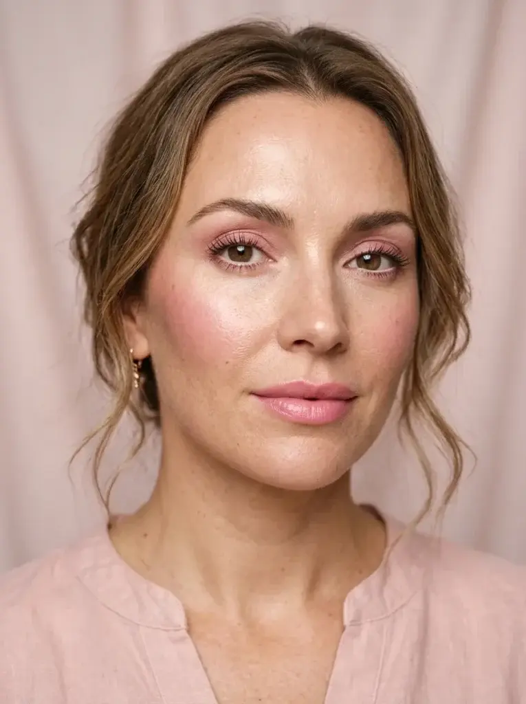 Romantic doll-inspired makeup with rounded rosy blush, pink eyeshadow, delicate lashes, and satin pink lips.
