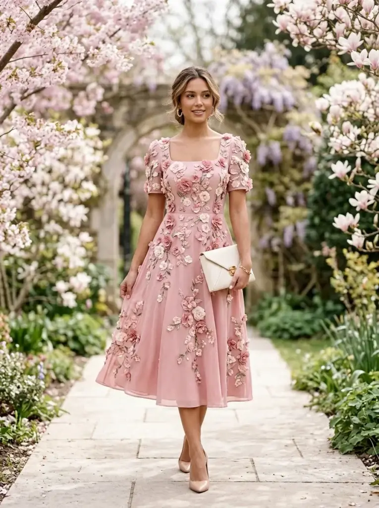 Rose-pink midi wedding guest dress with three-dimensional floral appliqués, pearl earrings, and nude heels in a spring garden