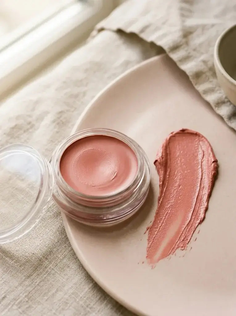 Rosy-peach cream blush compact with a soft, luminous swatch.