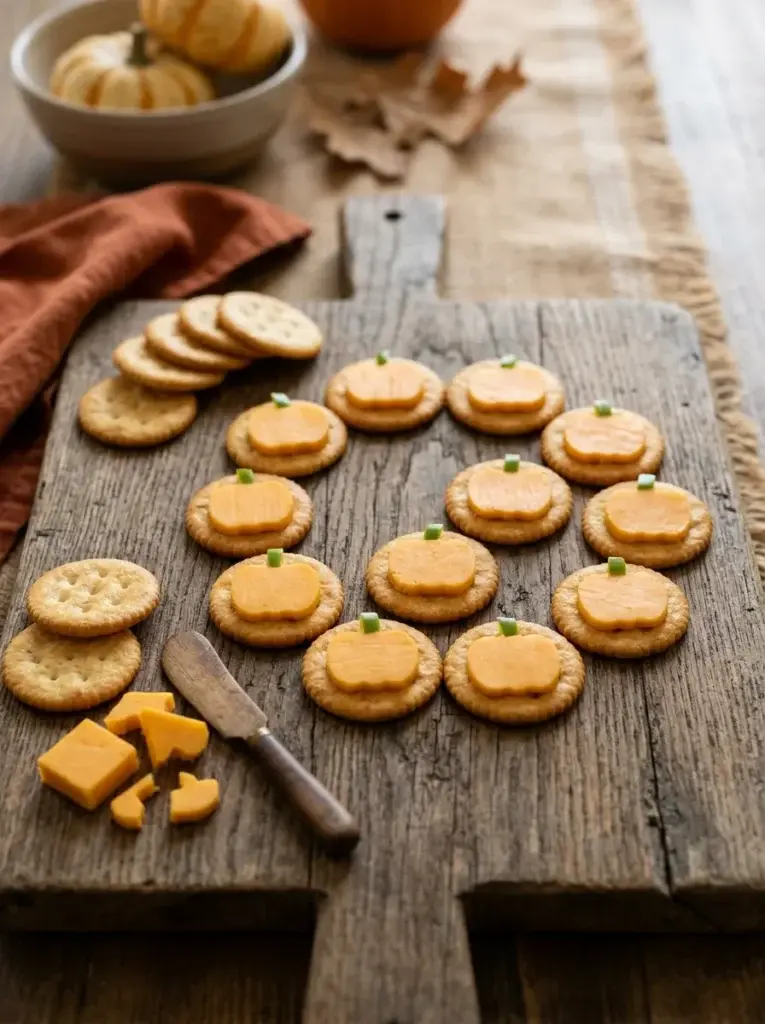 Round crackers topped with orange pumpkin-shaped cheese pieces and tiny green pepper stems.