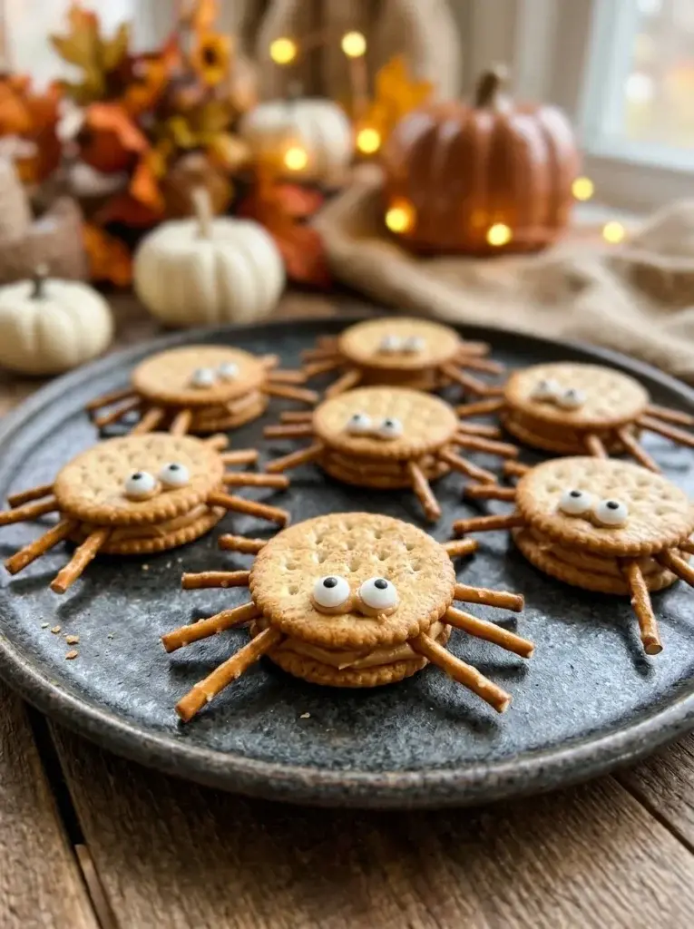 Round Halloween spider crackers with pretzel-stick legs, a savory filling, and small edible eyes.