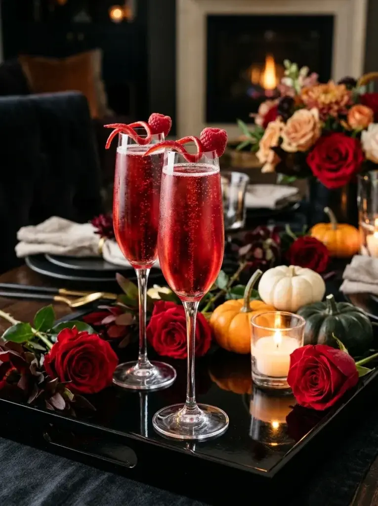 Ruby-red Vampire's Kiss champagne cocktails with delicate bubbles, fresh raspberries, and elegant Halloween party styling.
