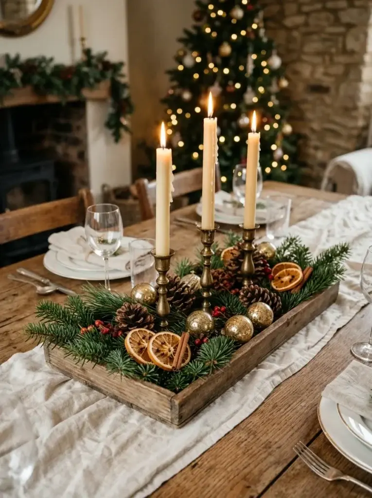 Rustic Christmas centerpiece featuring evergreen branches, pinecones, dried orange slices, and cream candles in brass holders.