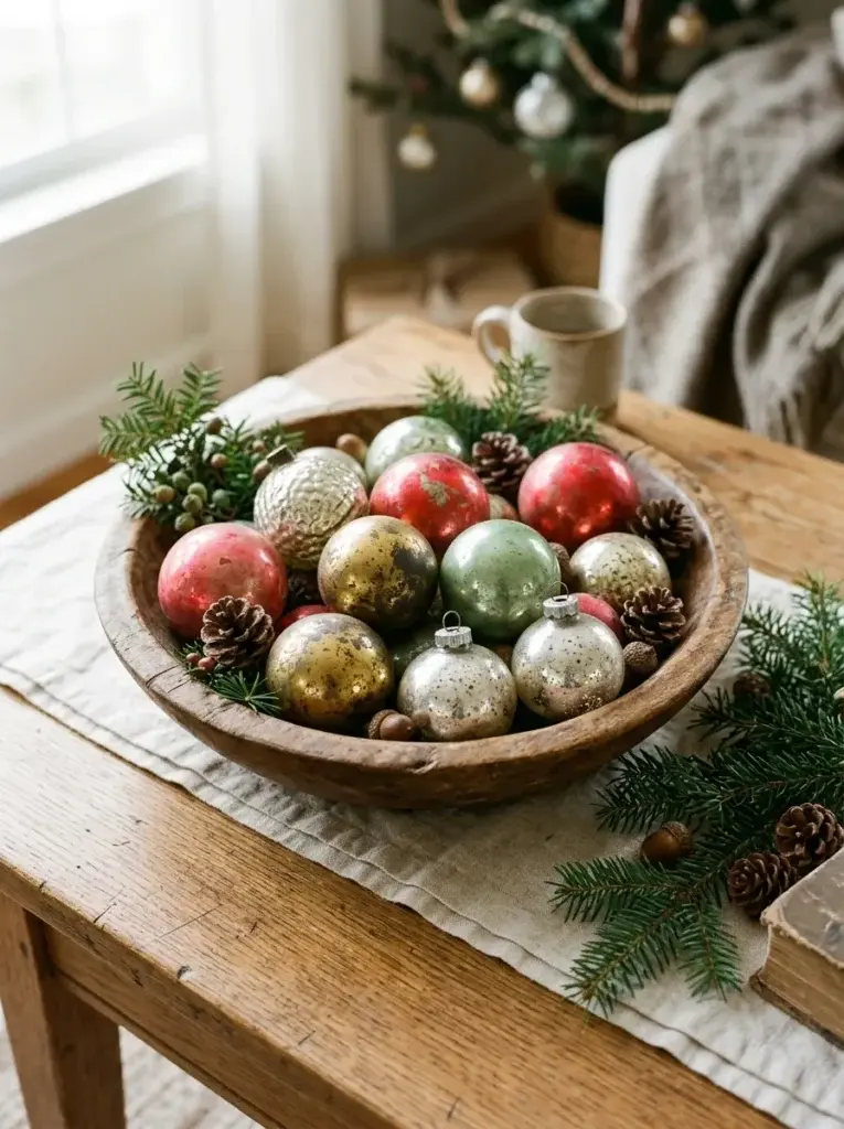 Rustic wooden bowl filled with vintage Christmas baubles in red, green, gold, and silver.