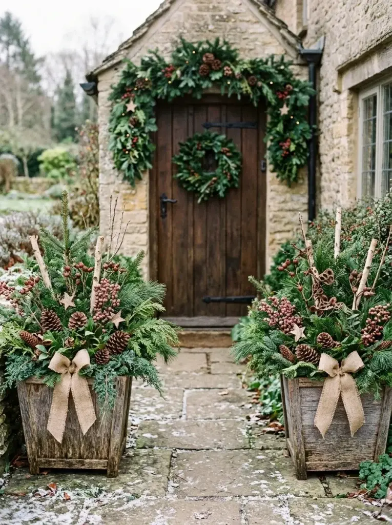 Rustic wooden Christmas planters filled with pine, cedar, pinecones, birch branches, and natural woodland accents.