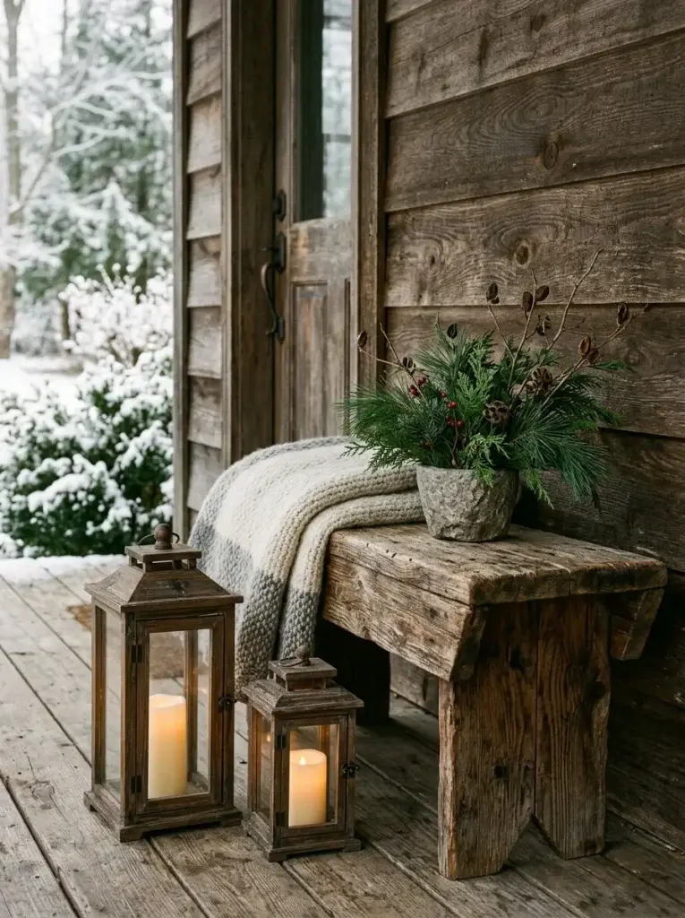 Rustic wooden lanterns with LED candlelight beside a weathered bench on a winter porch.